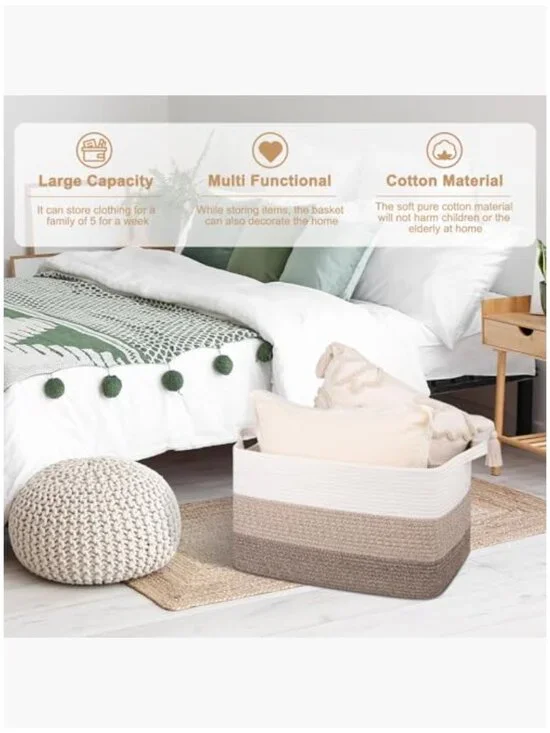 Cotton Rope Woven Storage Basket Pack of 3 Collapsible Organizer - Picture 5 of 7